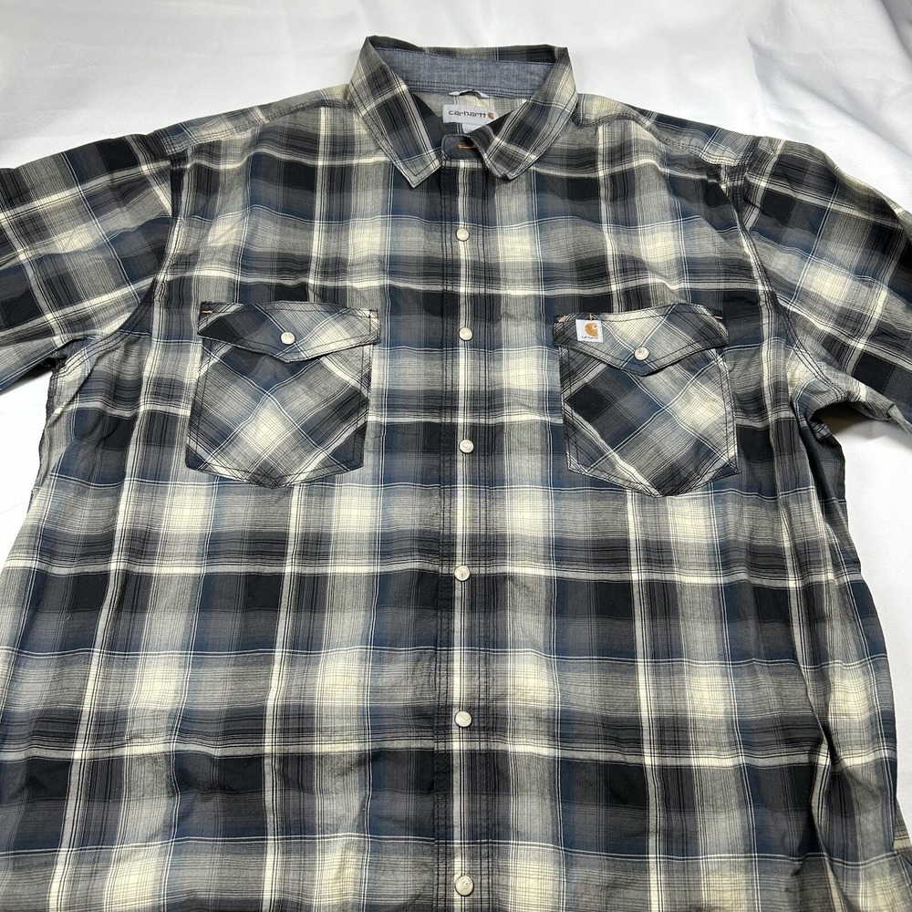 Carhartt Pearl Snap Shirt Mens 2XL XXL Blue Plaid Relaxed Fit Western Work EUC - Picture 3 of 14